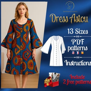 May include: A dress pattern with a colorful geometric print. The pattern is available in 13 sizes and includes instructions. The pattern is called "Dress Astou" and is available as a PDF download. The listing also includes two free patterns.