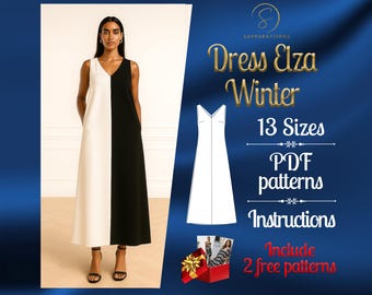 PDF digital sewing pattern for Elza Winter dress | Tent dress pattern | Sleeveless Dress pattern | Ankle dress pattern | Maxi Dress Pattern