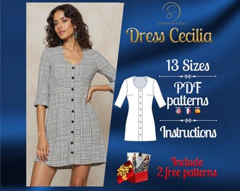 May include: A digital sewing pattern for Dress Cecilia featuring a white and black plaid dress with a V-neckline, three-quarter sleeves, and a front button placket. The graphic includes text stating 13 Sizes, PDF patterns, and instructions.