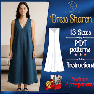 Puede incluir: Un vestido de mezclilla azul con escote en V. El vestido se muestra en una modelo. La imagen también incluye texto que dice "Dress Sharon", "13 tallas", "Patrones PDF", "Instrucciones" y "Incluye 2 patrones gratuitos".