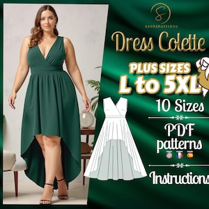 Puede incluir: Un vestido verde de corte asimétrico con escote en V y un corpiño ajustado. El vestido se muestra en una modelo y tiene una falda larga en la parte posterior y una falda más corta en la parte delantera. El vestido está disponible en tallas L a 5XL. La imagen también incluye el texto "Dress Colette", "Plus Sizes L to 5XL", "10 Sizes", "PDF patterns", y "Instructions".