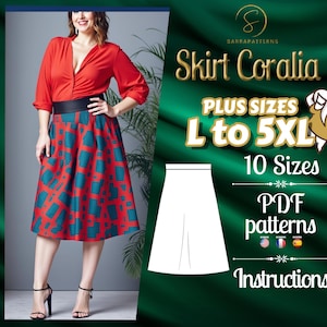 Digitaal naaipatroon in pdf-formaat voor Coralia Skirt | patronen voor grotere maten | A-lijn rokpatroon | Patroon knierok | Bochtige naaipatronen