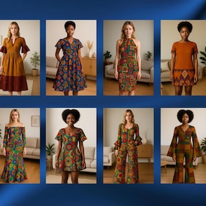 May include: Eight women wearing different patterned dresses in various colors, including red, green, blue, and brown. The dresses are all knee-length and have a variety of styles, including sleeveless, short-sleeved, and long-sleeved.