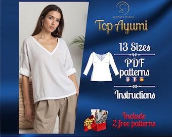 Patron de couture numérique PDF pour haut Ayumi | Top en lin | Top tendance | Top ample | Modèle de haut d'été | motif de t-shirt