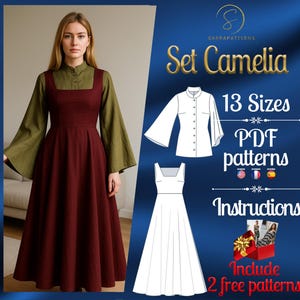 PDF digital sewing pattern Camelia Set | Medieval set Pattern | Maxi dress pattern | Medieval dress pattern | Historical Costume pattern