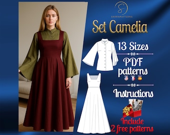 PDF digital sewing pattern Camelia Set | Medieval set Pattern | Maxi dress pattern | Medieval dress pattern | Historical Costume pattern