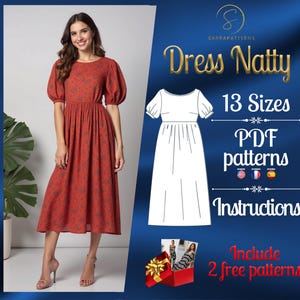 PDF digital sewing pattern for the Natty dress | Gathered dress pattern | Midi pattern | Cottagecore dress pattern | easy dress pattern