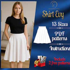 PDF digital sewing pattern for Evy skirt | Half circle skirt pattern | Knee skirt pattern | Circle skirt pattern | Easy skirt pattern