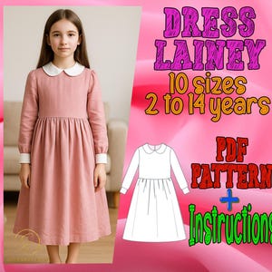 Puede incluir: Un vestido rosa con cuello blanco y mangas largas. El vestido es para niñas de 2 a 14 años. La imagen también incluye un patrón PDF e instrucciones para hacer el vestido.