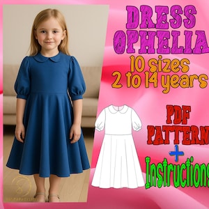 May include: A PDF sewing pattern for a dress called "Ophelia" with a white outline of the dress and text that says "Dress Ophelia 10 sizes 2 to 14 years PDF Pattern + Instructions".