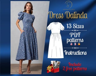 May include: A digital download pattern for a dress called "Dalinda" in 13 sizes. The pattern includes instructions and is available in PDF format. The image shows a woman wearing a blue floral dress with puffed sleeves. The text "Dress Dalinda" is in gold lettering on a blue background.