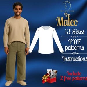May include: A digital sewing pattern for a long-sleeve top titled Top Mateo, featuring 13 sizes, PDF patterns, and instructions. The image displays a beige long-sleeve shirt, olive green pants, a white line drawing of the top, and a gift box.