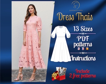Padrão de costura digital em PDF para vestido midi tailandês | Padrão de vestido meio círculo | Padrão Cottagecore | Padrão de vestido midi | Padrão de costura em PDF