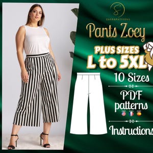 Può includere: Un download digitale di un cartamodello PDF per pantaloni chiamato "Pants Zoey" nelle taglie L-5XL. Il cartamodello include 10 taglie e istruzioni. L'immagine mostra una modella che indossa i pantaloni, che sono a righe bianche e nere.