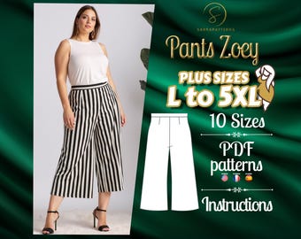 Modello di cucito digitale PDF per pantaloni Zoey / Modelli taglie forti / Modello PDF pantaloni / Modello pantaloni Capri / Modello pantaloni Palazzo