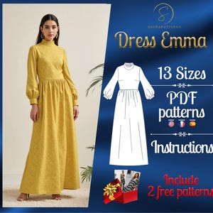 PDF digital sewing pattern Emma Full Length dress | Gathered dress pattern | Gown Sewing Pattern | Maxi dress pattern | loose dress pattern