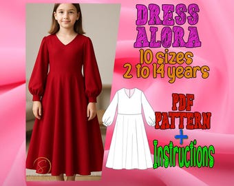 PDF digital sewing pattern Alora dress | Kids Dress Pattern | Pattern for Kids | girls patterns | Circle dress pattern | Ankle Dress pattern