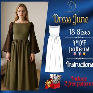 May include: An olive green dress with a square neckline and long brown sleeves. The image also features a white line drawing of the dress, the text "Dress June", and the words "13 Sizes", "PDF patterns", and "Instructions".