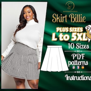 May include: A black and white plaid skirt with a white turtleneck sweater. The image includes the text "Skirt Billie", "Plus Sizes L to 5XL", "10 Sizes", "PDF patterns", and "Instructions".