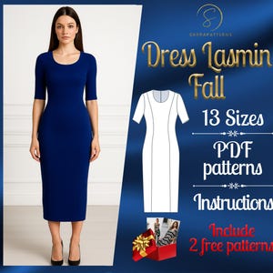 PDF digital sewing pattern for Lasmin Fall Dress | Pencil dress pattern | Midi Dress pattern | easy dress pattern | Fall dress pattern