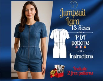 May include: A denim jumpsuit with short sleeves and a zipper closure. The jumpsuit is shown on a model. The text "Jumpsuit Lara 13 Sizes PDF patterns Instructions Include 2 free patterns" is displayed on a blue background.