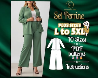 Modello di cucito digitale PDF per Perrine Set / Modelli taglie forti / Modello PDF per camicia / Modello per pantaloni / Modello per cucire outfit / Cucito curvy