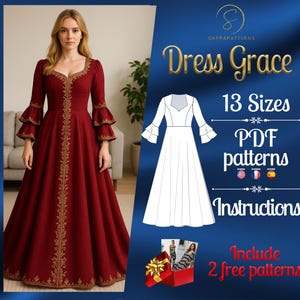 PDF digital sewing pattern Grace dress | Circle dress pattern | Maxi dress pattern | Medieval dress pattern | Historical Costume pattern
