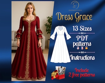 PDF digitales Schnittmuster Grace Kleid | Kreis Kleider Schnittmuster | Maxi Kleid Schnittmuster | Mittelalterliches Kleid Schnittmuster | Historisches Trachtenmuster