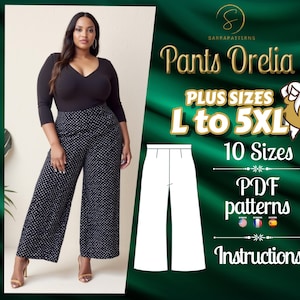 Puede incluir: Una descarga digital para un patrón de costura PDF para pantalones llamado "Pantalones Orelia". El patrón es para tallas grandes L a 5XL e incluye 10 tallas. El patrón está disponible en inglés, francés y español. La imagen muestra una modelo usando los pantalones en un patrón de lunares blanco y negro.