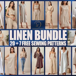 May include: A collection of 20+ linen sewing patterns, including 7 free patterns. The patterns feature a variety of styles, including dresses, tops, and trousers. The image shows models wearing the finished garments, which are all made from linen fabric.