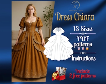 May include: A woman wearing a brown dress with a square neckline and puff sleeves. The dress has a full skirt with decorative trim. The image also includes a line drawing of the dress, text that reads "Dress Chiara", and "PDF patterns".