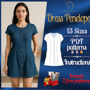 Cyfrowy wzór szycia w formacie PDF na sukienkę Penelope | Wzór na sukienkę trapezową | Wzór na sukienkę jeansową | Wzór na sukienkę jeansową | Wzór na sukienkę mini