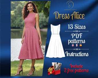 Patron de couture numérique PDF pour la robe Alice | Patron de robe en demi-cercle | Motif Cottagecore | Patron de robe midi | Patron de robe chic