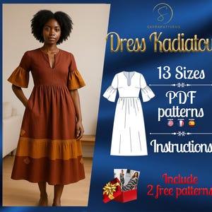 PDF digitales Schnittmuster für Kadiatou Kleid | Gerafftes Kleid Schnittmuster | Midi Kleid Schnittmuster | Afrikanischer Print Kleid | Afrika Kleiderschnittmuster