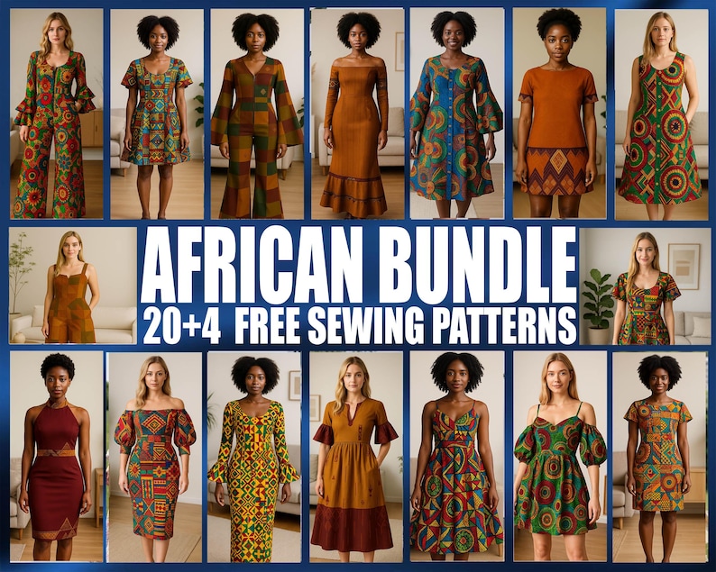 May include: A collage of 20+ African print dresses with the text "African Bundle 20+4 Free Sewing Patterns". The dresses are in various colors and patterns, including red, blue, green, yellow, and black.
