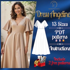 Könnte beinhalten: Eine digitale Illustration eines Kleides mit V-Ausschnitt und kurzen Ärmeln. Das Kleid ist beige und hat einen weiten Rock. Der Text "Dress Angeline" steht in großer Schrift über dem Kleid. Der Text "13 Größen PDF-Muster Anleitungen Inklusive 2 kostenlose Muster" steht unter dem Kleid.