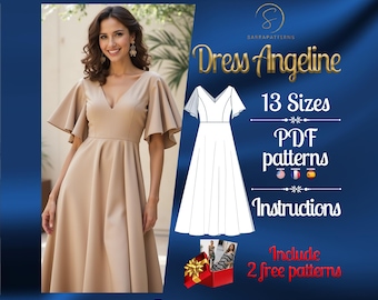 Puede incluir: Una ilustración digital de un vestido con cuello en V y mangas cortas. El vestido es beige y tiene una falda completa. El texto "Dress Angeline" está en una fuente grande por encima del vestido. El texto "13 tallas patrones PDF Instrucciones Incluye 2 patrones gratuitos" está debajo del vestido.