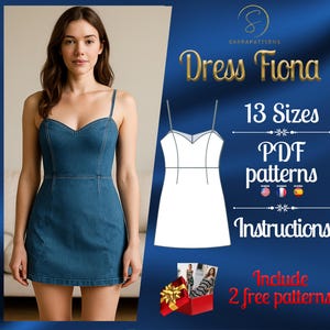 Peut inclure: Une robe en jean bleu avec un décolleté en cœur et des bretelles réglables. La robe est présentée sur un mannequin et est disponible en 13 tailles. La liste comprend un patron PDF et des instructions pour coudre la robe. La liste comprend également deux patrons gratuits.