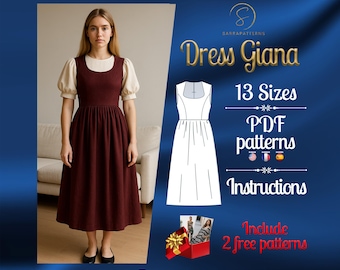 PDF digital sewing pattern Giana dress | Gathered dress pattern | Maxi dress pattern | Medieval dress pattern | Historical Costume pattern