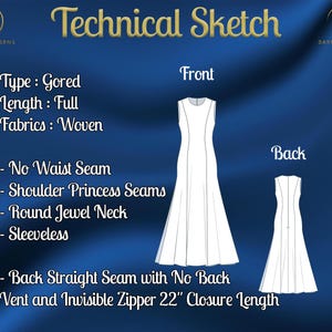 Pu&ograve; includere: Schizzo tecnico di un abito gored con scollo rotondo a gioiello, senza maniche e una cucitura dritta sul retro senza spacco e una cerniera invisibile. L'abito &egrave; lungo e realizzato in tessuto tessuto. Lo schizzo mostra le viste anteriore e posteriore dell'abito.