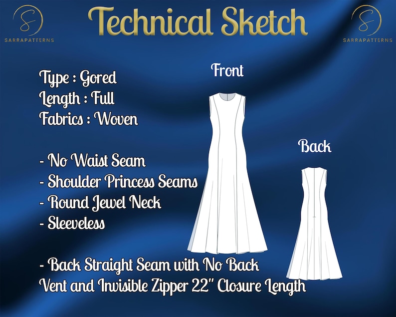 Pu&ograve; includere: Schizzo tecnico di un abito gored con scollo rotondo a gioiello, senza maniche e una cucitura dritta sul retro senza spacco e una cerniera invisibile. L'abito &egrave; lungo e realizzato in tessuto tessuto. Lo schizzo mostra le viste anteriore e posteriore dell'abito.