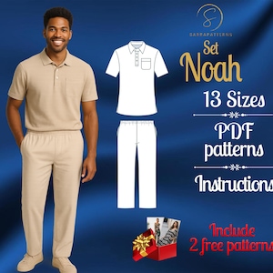 May include: A digital sewing pattern set titled Set Noah, featuring a beige polo shirt with a chest pocket and matching trousers. The image displays technical line drawings of the garments, text indicating 13 sizes, PDF patterns, instructions, and a note about 2 free patterns included.