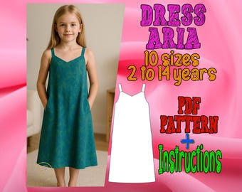 PDF digital sewing pattern for Aria dress | Kids Dress Pattern | Pattern for Kids  | Trapeze dress pattern | Midi Dress pattern