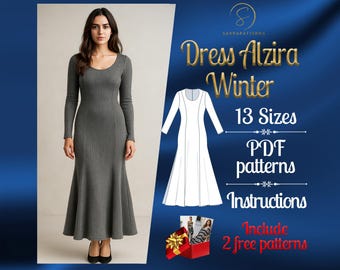 PDF digital sewing pattern for Alzira Winter dress | Ankle dress pattern | Flared dress pattern | Long dress pattern | easy dress pattern