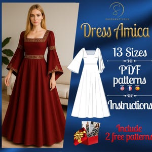 PDF digitales Schnittmuster Amica Kleid | Kreis Kleider Schnittmuster | Maxi Kleid Schnittmuster | Mittelalterliches Kleid Schnittmuster | Historisches Trachtenmuster