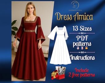 PDF digital sewing pattern Amica dress | Circle dress pattern | Maxi dress pattern | Medieval dress pattern | Historical Costume pattern