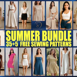 Könnte beinhalten: Eine Collage verschiedener Sommerkleidungsstücke, darunter Kleider, Oberteile und Unterteile. Der Text "SUMMER BUNDLE 35+5 FREE SEWING PATTERNS" ist in großen gelben Buchstaben dargestellt. Das Bild zeigt eine Vielzahl von Stilen und Farben.