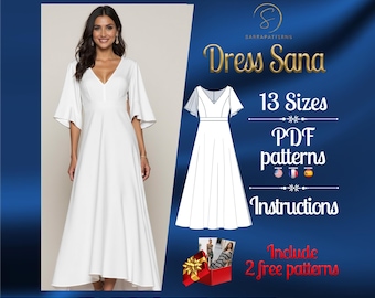May include: A woman wearing a white, floor-length dress with a V-neck and flared sleeves. The image also features a graphic with the text "Dress Sana," "13 Sizes," "PDF patterns," and "Instructions."