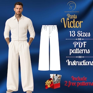 May include: A digital sewing pattern for Victor trousers featuring a white line drawing of wide-leg trousers. The image includes text: SarraPatterns, Pants Victor, 13 Sizes, PDF patterns, Instructions, and Include 2 free patterns with a gift box.