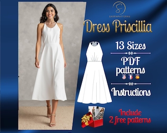Patrón de costura digital en PDF para vestido Priscilia / Patrón de vestido de medio círculo / Patrón de vestido de tirantes / Patrón de vestido midi / Patrón de costura de vestido